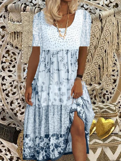 Casual Floral Print Short Sleeve Crew Neck Midi Dress