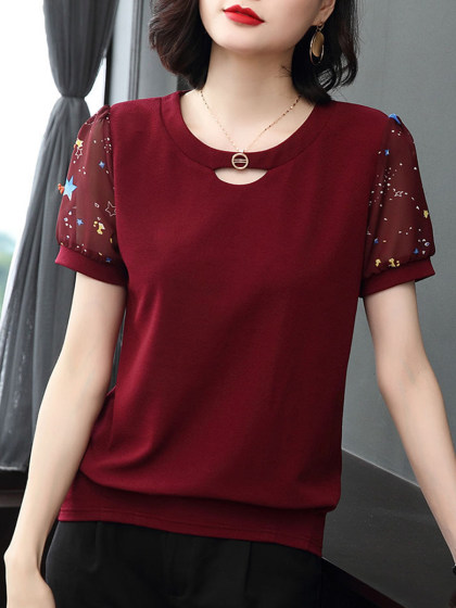 Round Neck Button Chiffon Short Sleeve T-shirt