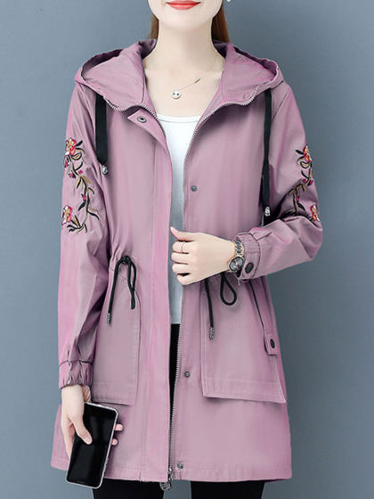 Hooded Long Sleeve Solid Embroidered Trench Coat