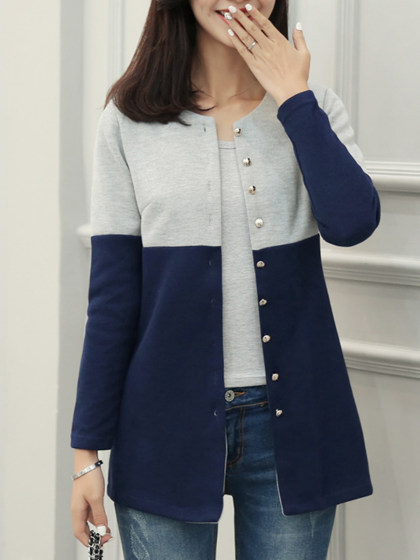 Round Neck Knit Color Block Button Cardigan