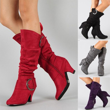 Plain Chunky High Heeled Velvet Point Toe Outdoor Knee High Heels Boots