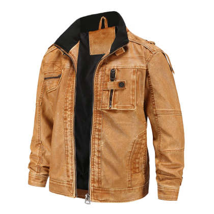 Men's retro casual stand collar washed leather jacket