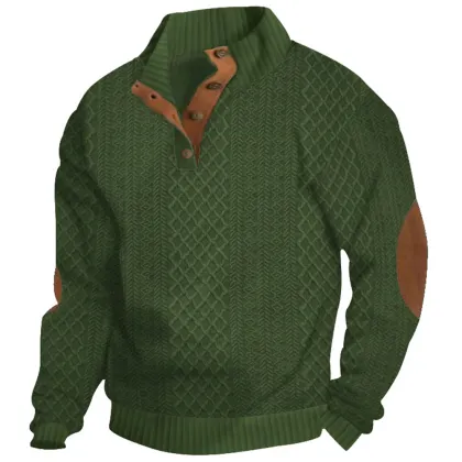 Men's Retro Faux Wool Patchwork Printed Button Lapel Casual Sweatshirt