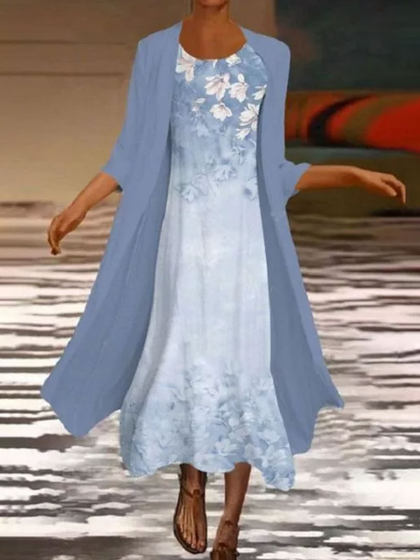 Round Neck Loose Casual Floral Print Suit Maxi Dress