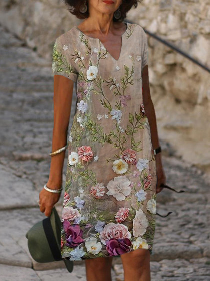 Floral Print V-neck Short Sleeve Midi Dress Women