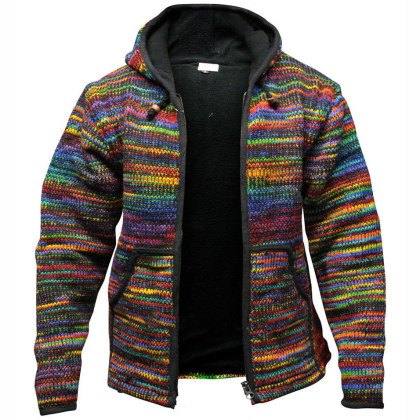 Men's Retro Thick Warm Color Hooded Knit Cardigan Jacket
