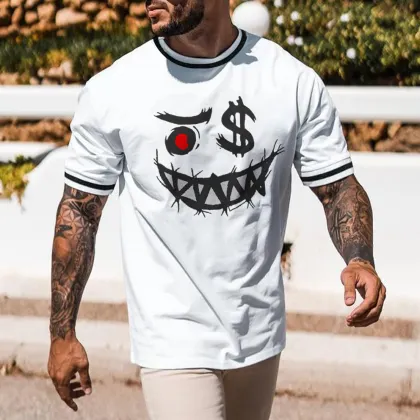 Men's Casual Smile T-shirt, Street-style Graphic Round Neck Tee